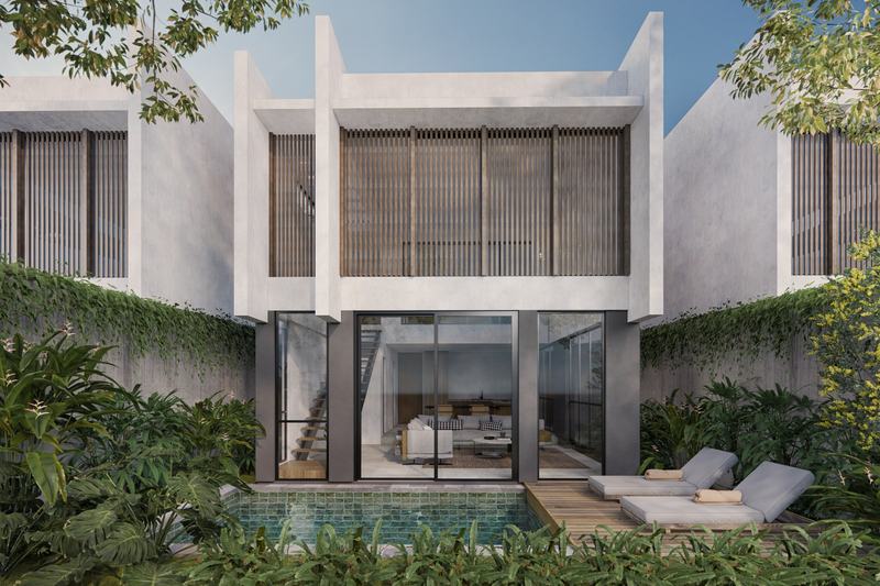 7STARS 145 m² villa: front terrace, pool and loungers, developer's render