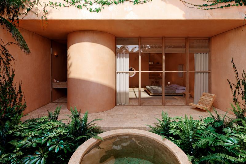 Ahau Gardens Villa 2: private courtyard with a jacuzzi, developer's render