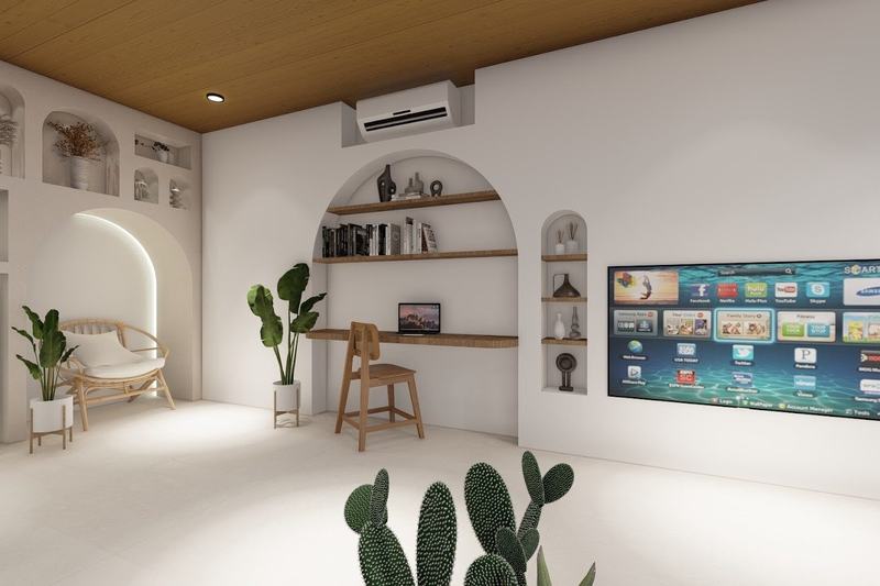 APB Villa Meridian 2BR: lounge with a desk and arched wall niches
