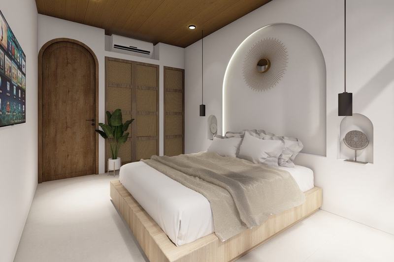 APB Villa Meridian 2BR: bedroom behind an arched entry, wood paneling