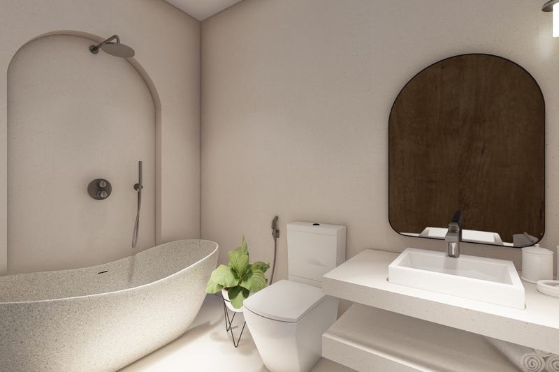 APB Villa Meridian 2BR: bathroom with a separate tub in an arch