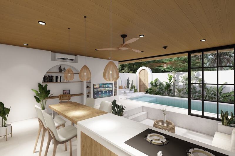APB Villa Meridian 2BR: kitchen island looking out to the pool