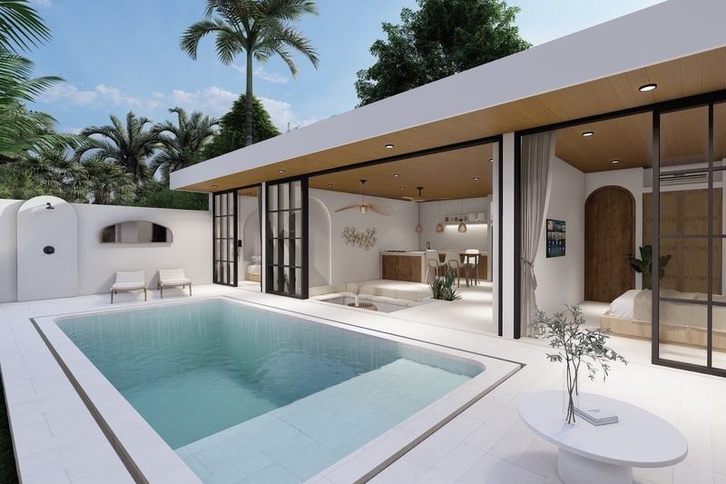 APB Villa Meridian 2BR: pool and lawn in front of the villa