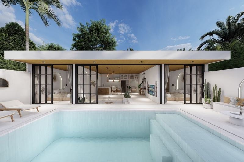 APB Phase 14: villa facade by the pool in the evening
