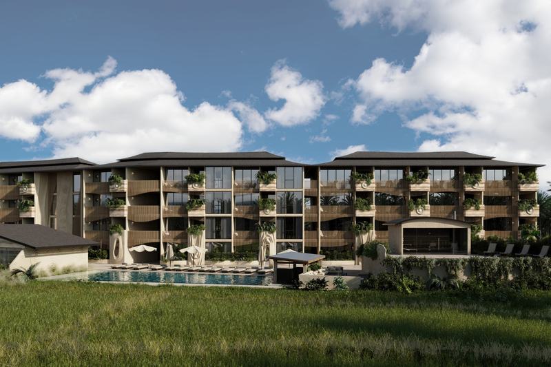 AURA Apartment: building facade over a rice field