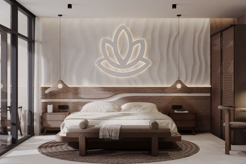 AURA Apartment: bed under a backlit lotus panel