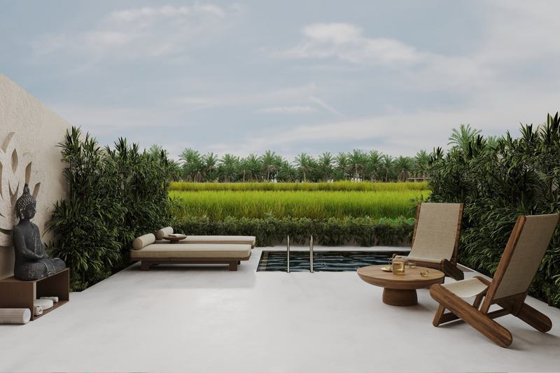 AURA Jungle Temple: pool terrace looking over a rice field