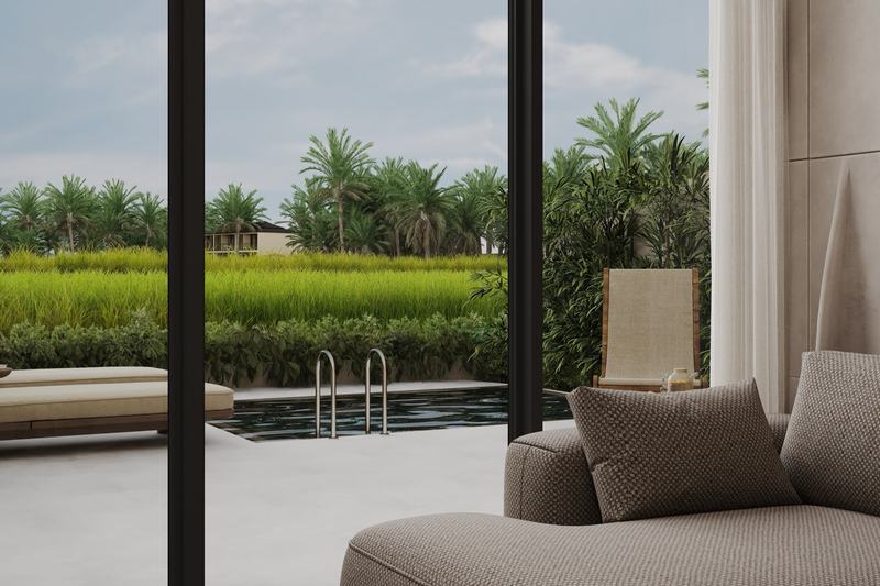 AURA Jungle Temple: living room looking through glass to the terrace