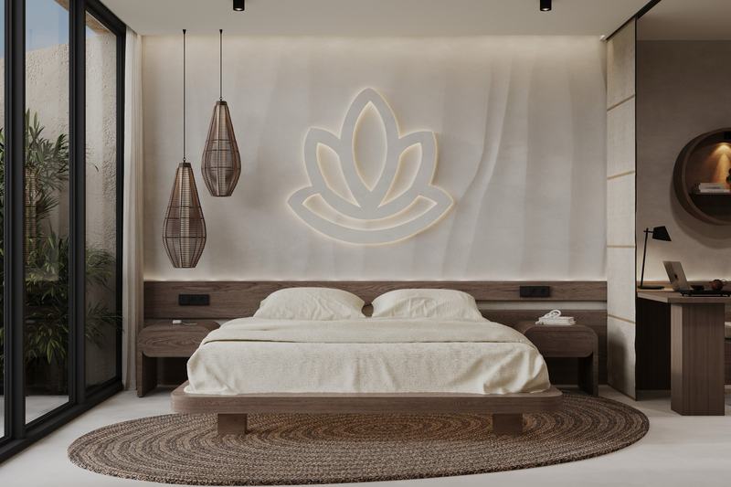 AURA Jungle Temple: bed beneath a glowing lotus panel