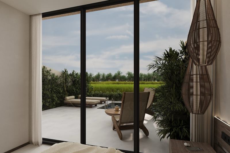 AURA Jungle Temple: bedroom view across the terrace to the rice fields