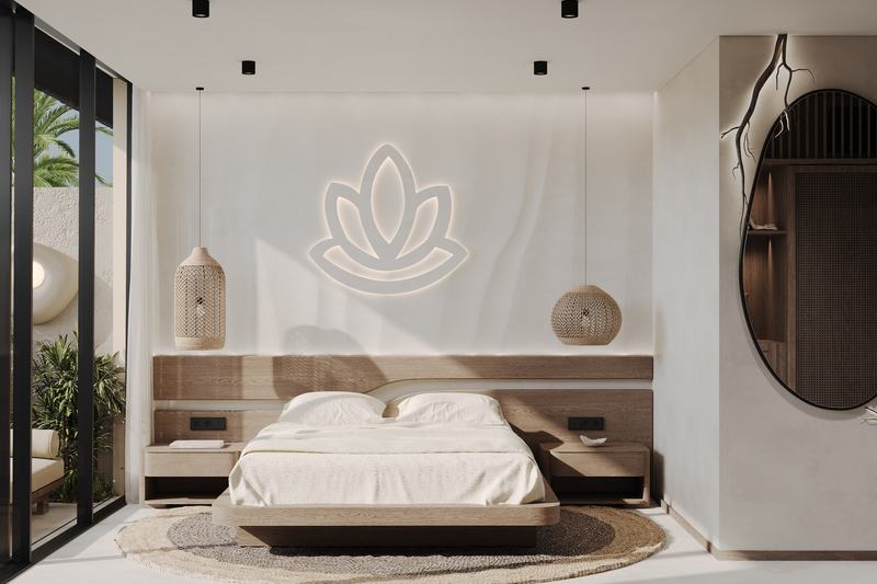 AURA Zen Temple: lotus light panel above the bed
