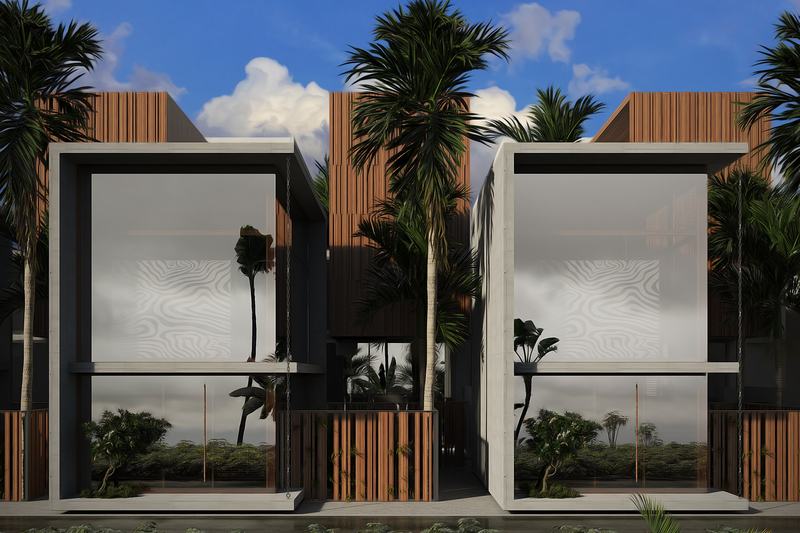 Axis One: two villa facades behind timber screens