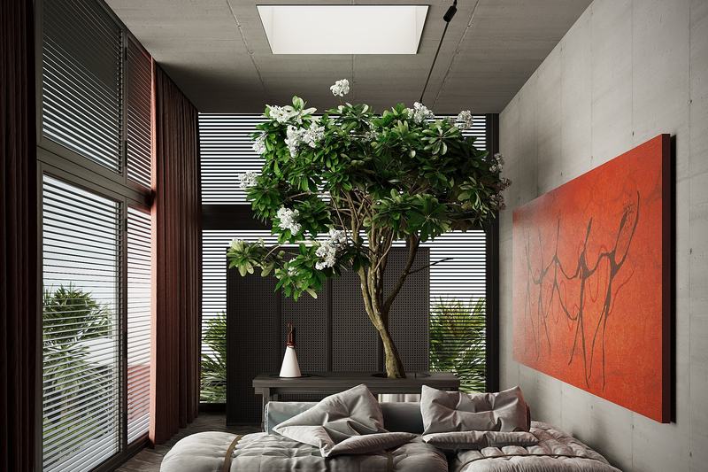 Axis One: salón revestido de madera con ventanal de suelo a techo