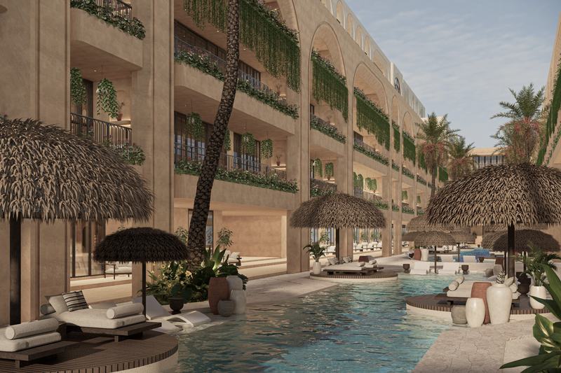 AZORIA Imperio: pool deck with shaded sun loungers