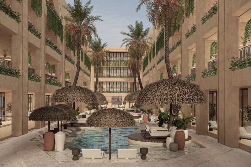 AZORIA Solea: courtyard with pool and palm-leaf shades
