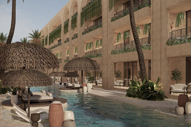 AZORIA Solea: long pool beside green balconies