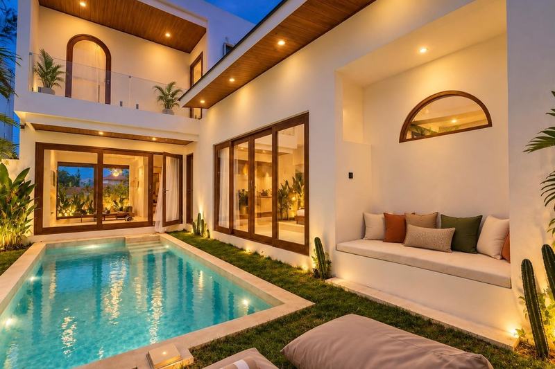 Balangan two-bedroom villa: courtyard pool and facade in evening light