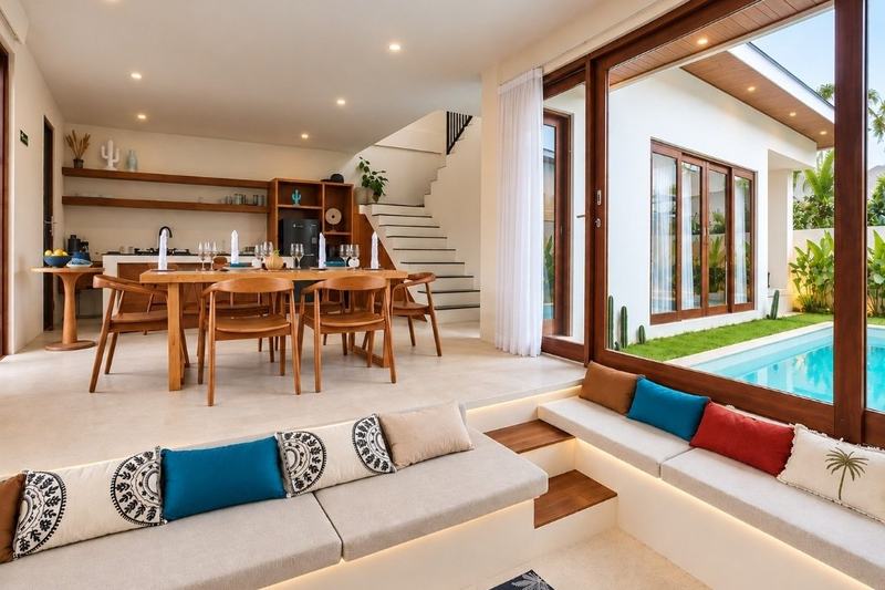 Balangan two-bedroom villa: living room with a built-in sofa and dining by the pool