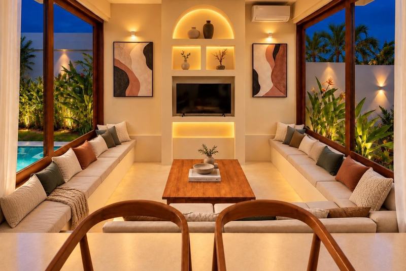 Balangan two-bedroom villa: lounge corner with sofas and a TV