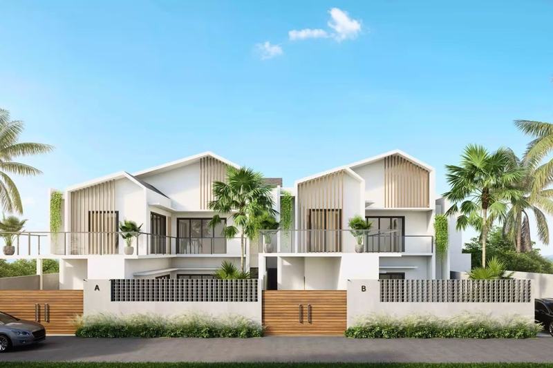 Render of two gabled villas behind a shared fence in Balangan