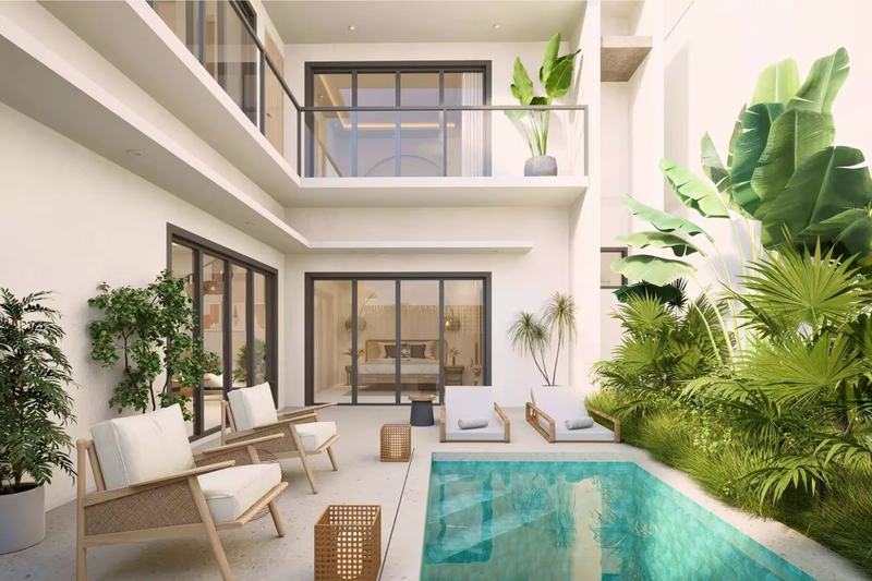 Balangan villa render: pool courtyard with loungers under the upstairs balcony