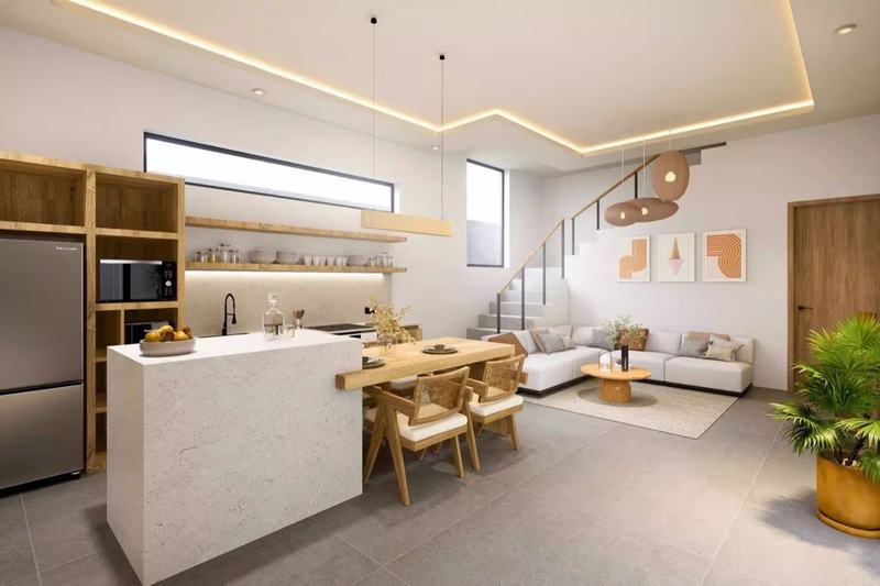 Balangan villa render: island kitchen flowing into the dining and living area