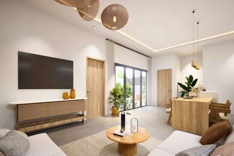 Balangan villa render: bedroom with a wooden bed and a dressing table