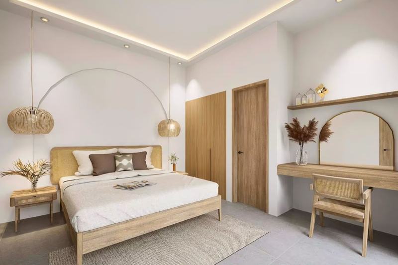 Balangan villa render: living room with a TV and doors to the yard