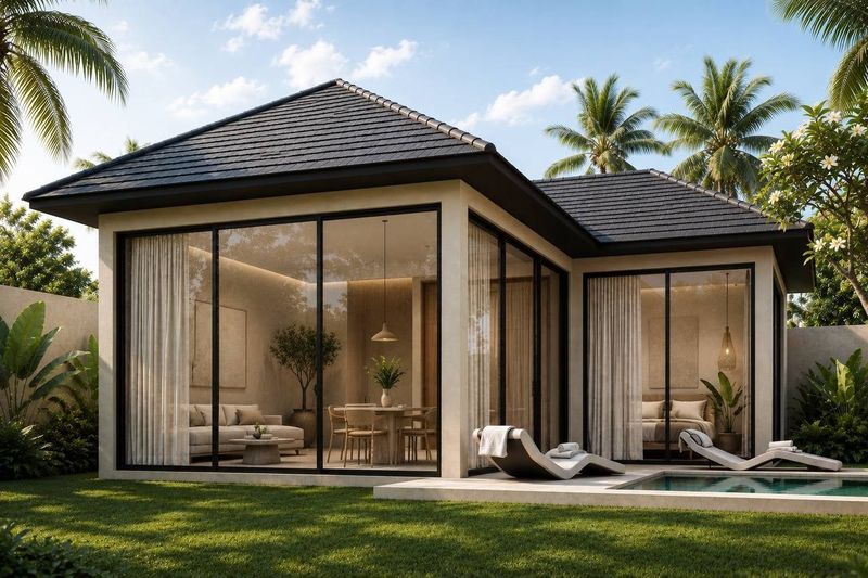 BASE Canggu: villa with a glass facade and a lawn