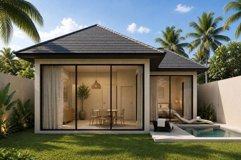 BASE Canggu 50 m²: villa front with terrace and pool