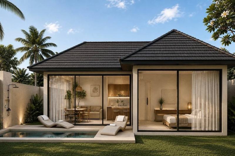BASE Canggu 50 m²: lit terrace in the evening