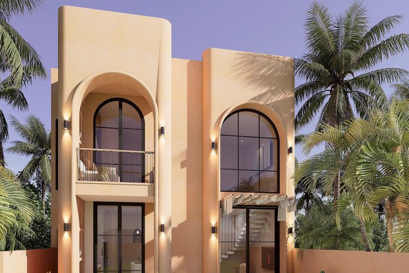 Moroccan-style Bingin villa: two-story facade with arched windows among palms (render)
