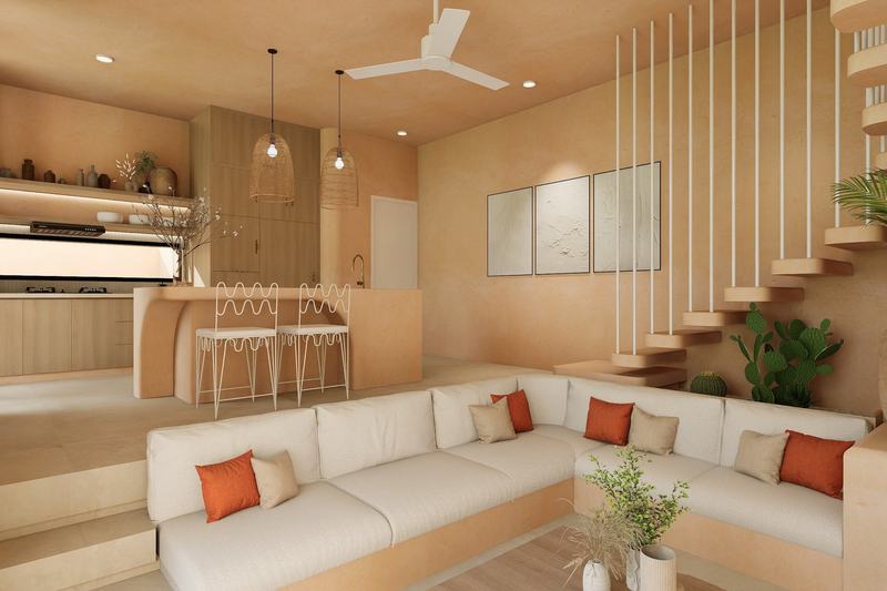 Moroccan-style Bingin villa: corner sofa, kitchen and stairs to the upper floor (render)