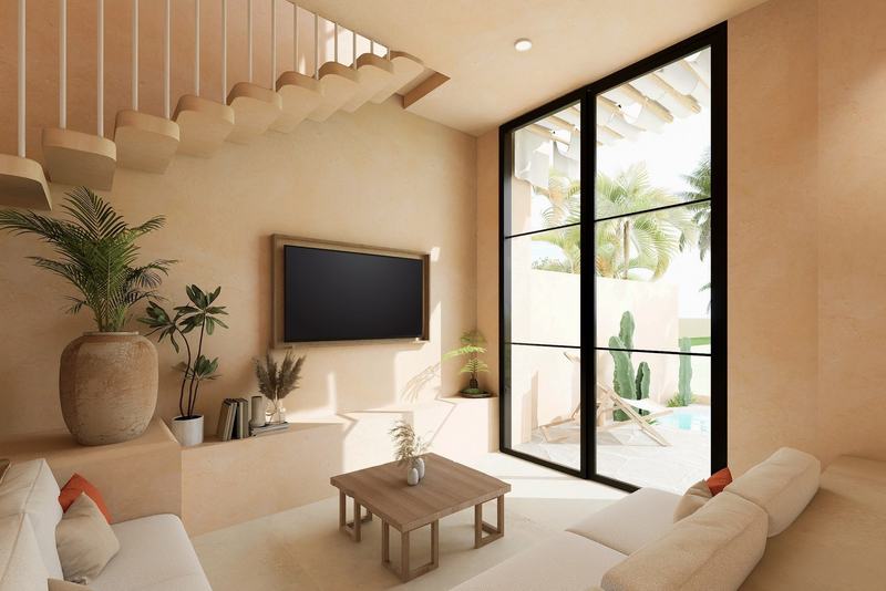 Moroccan-style Bingin villa: living room with a glass door to the courtyard (render)