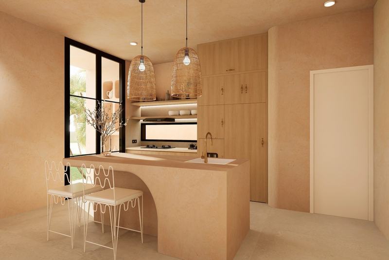 Moroccan-style Bingin villa: kitchen island with bar stools (render)