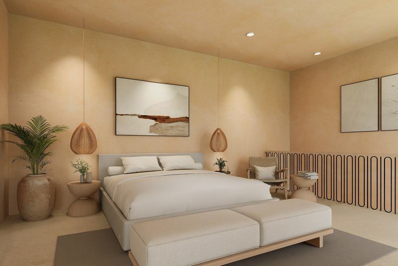 Moroccan-style Bingin villa: bedroom with a reading chair (render)