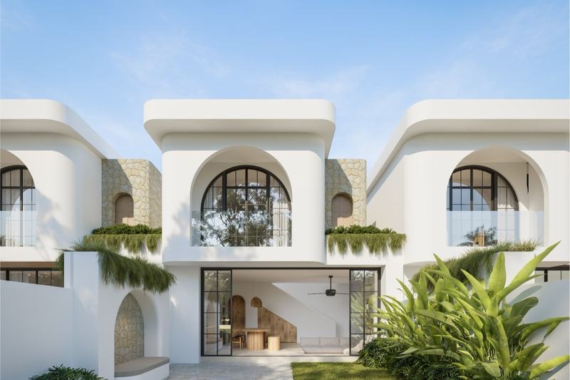 Two-story Bingin villa: arched white facade and garden (render)