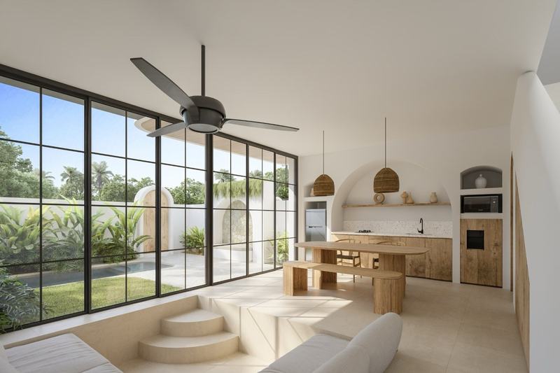 Two-story Bingin villa: sunken sofa beside the open kitchen (render)