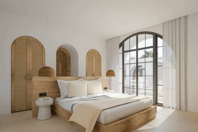 Two-story Bingin villa: bedroom with arched doors (render)