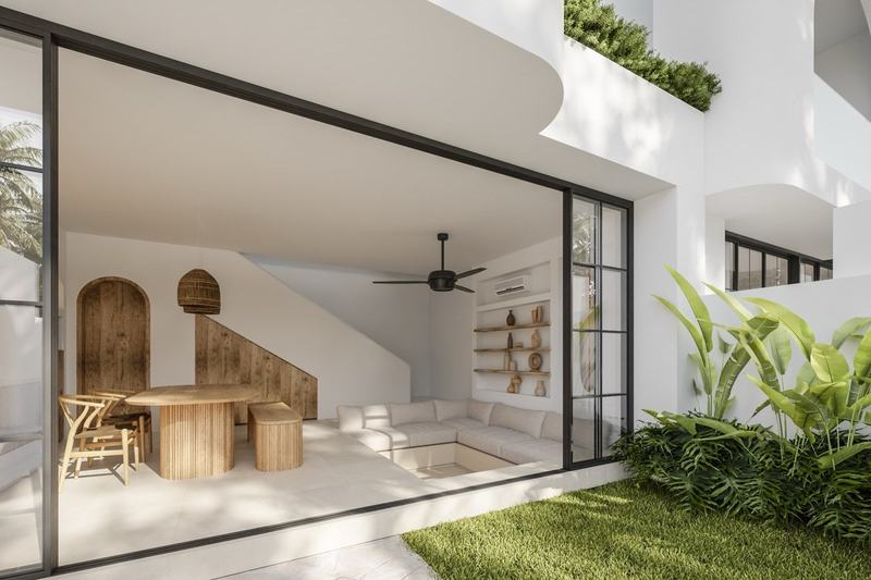 Two-story Bingin villa: lounge and dining opening to the garden (render)