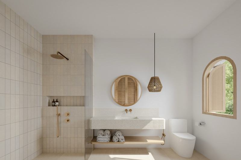 Two-story Bingin villa: bathroom with a walk-in shower (render)