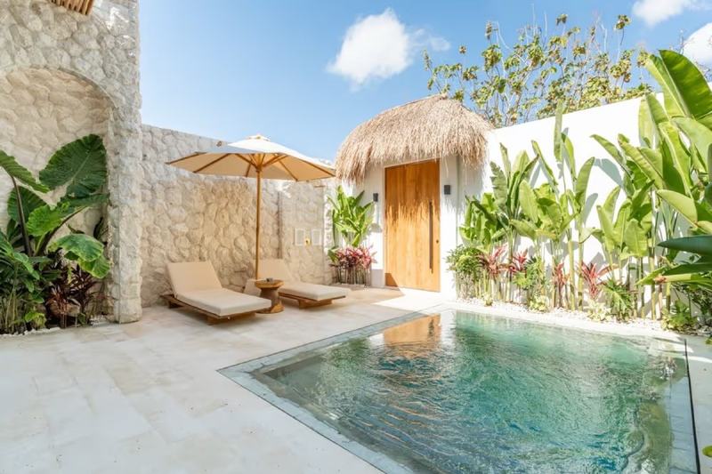 One-bedroom villa in Bingin: courtyard pool with a sun lounger and tropical plants