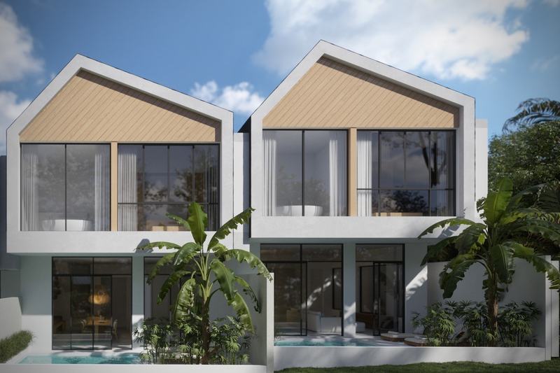 Two-story jungle-view villa, Bingin: facade of the two houses with a pool, render