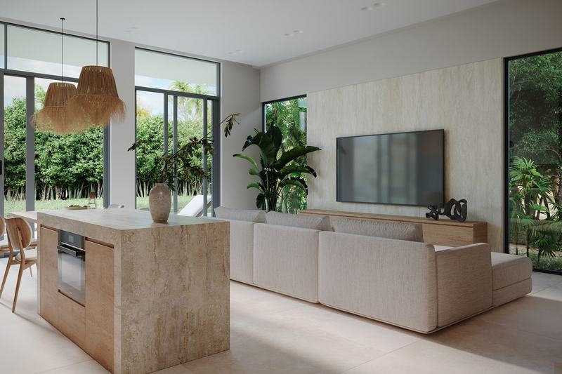 Two-story jungle-view villa, Bingin: living room with a kitchen island and floor-to-ceiling windows, render
