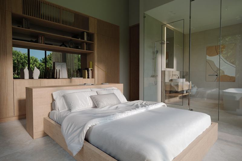 Two-story jungle-view villa, Bingin: bedroom with a glass-walled bathroom, render