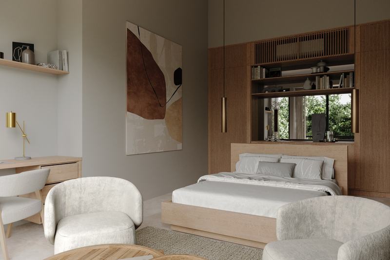 Two-story jungle-view villa, Bingin: second bedroom with a desk and armchairs, render