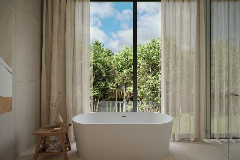 Two-story jungle-view villa, Bingin: freestanding tub by a window onto greenery, render