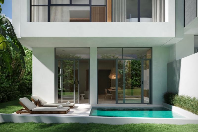 Gabled villa in Bingin, render: pool and loungers by the glass wall