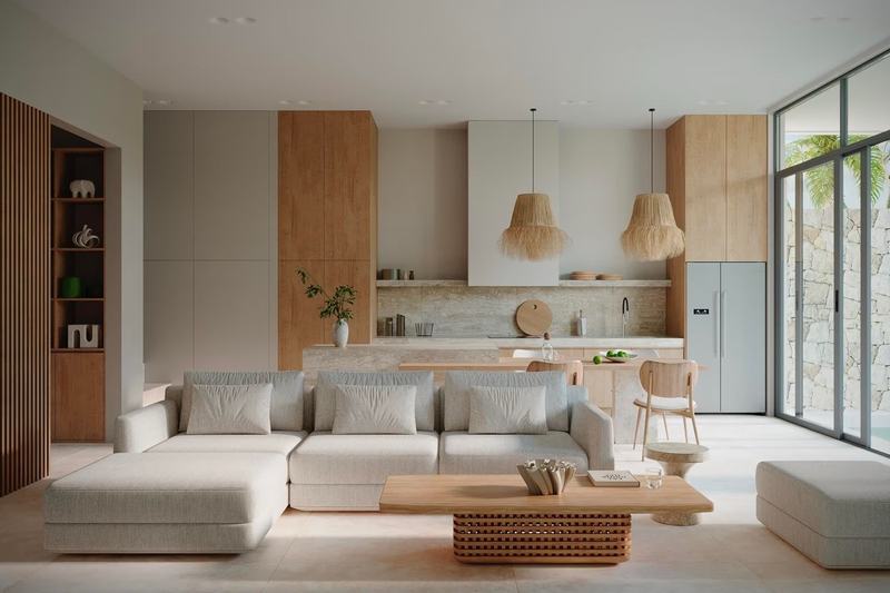 Gabled villa in Bingin, render: living room with kitchen and corner sofa