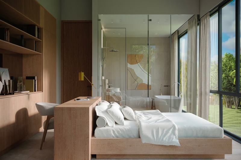 Gabled villa in Bingin, render: bedroom with a glass-walled bathroom